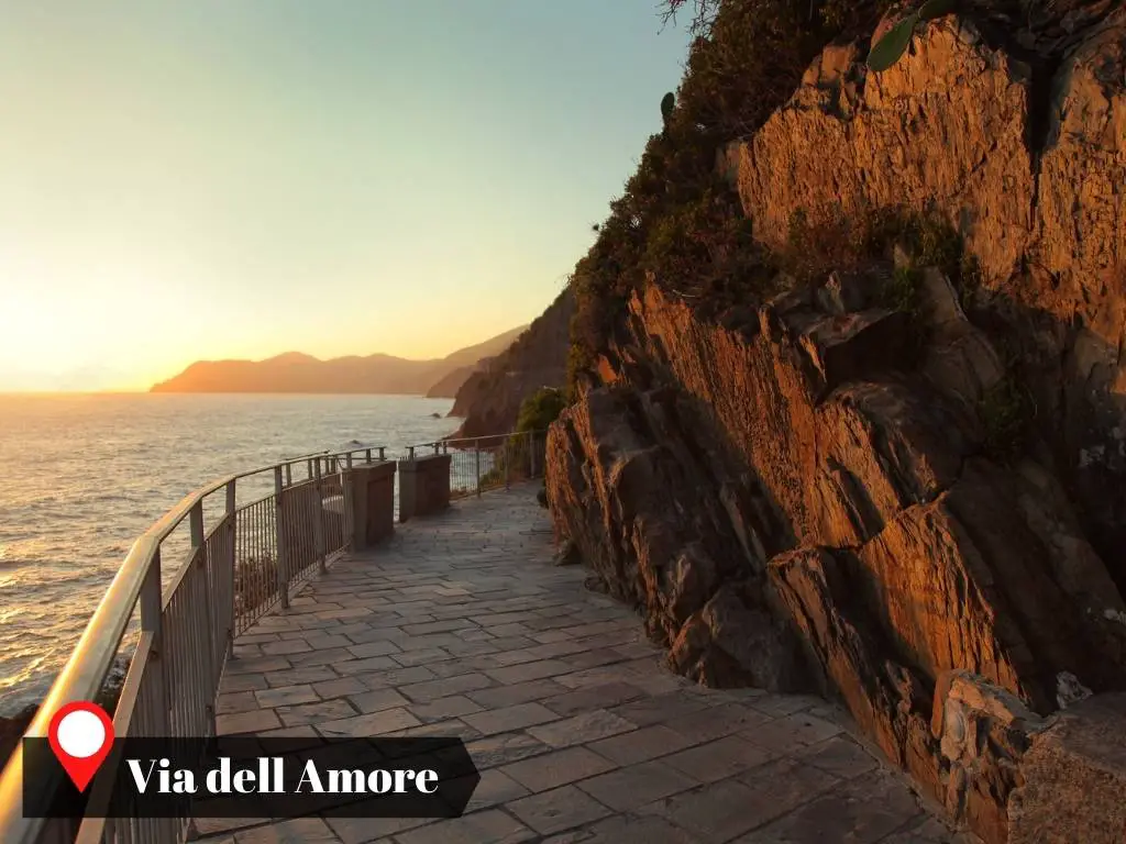 sunset in Via dell Amore, a scenic spot in Cinque Terre, Italy