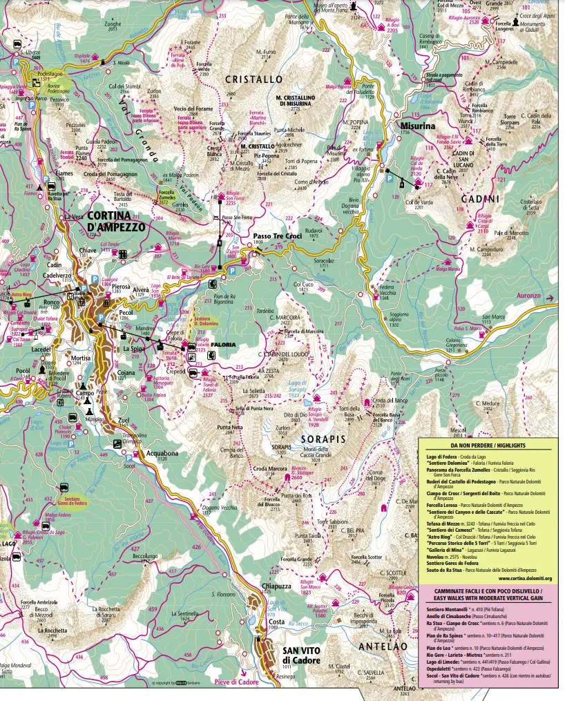 Cortina d'Ampezzo Map Trail 201 to 233
