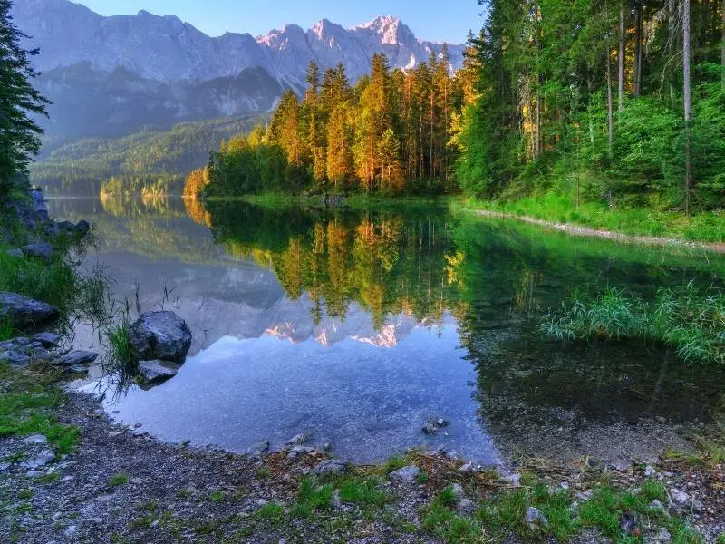Eibsee calm water reflecting Bavarian Alps