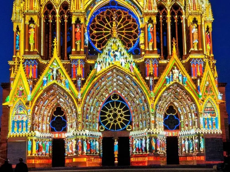 Reims France, Lower part of Notre Dame Cathedral light show