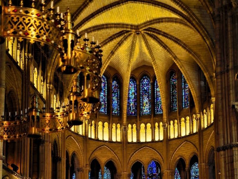 Reims France, Saint Remi Basilica apse light effects and stained glass