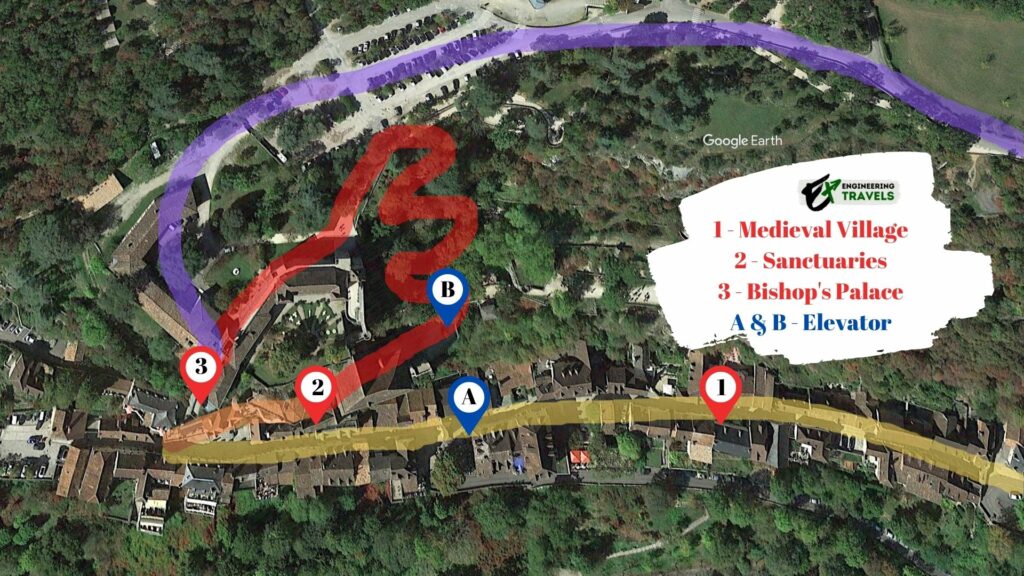 Map and Routes in Rocamadour, elevator