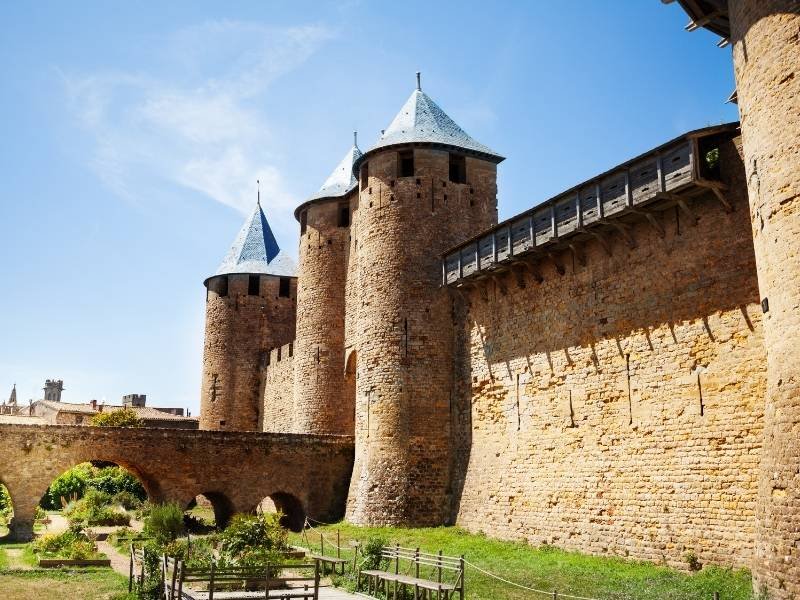 Carcassonne France, Imposing facade of Comtal Castle and its brattice