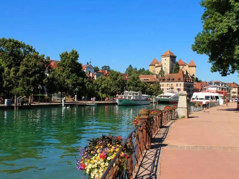 Annecy France, View of the castle of Annecy from the Thiou River