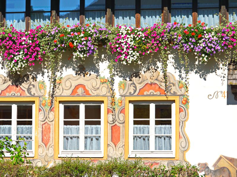 Oberammergau Germany, Murals and flowers in the houses